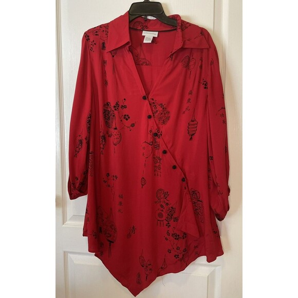Soft Surroundings Large Kimono Pagoda Tunic Top Red And Black Wrap Shirt - Picture 12 of 12